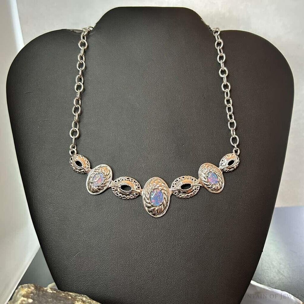 Carolyn Pollack Sterling Silver Oval Opal Decorated Necklace 16"-18" For Women